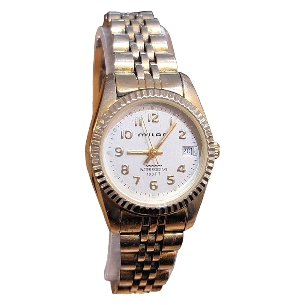 Vintage MILAN Ladies Watch Round White Face Date Silver Gold Tone